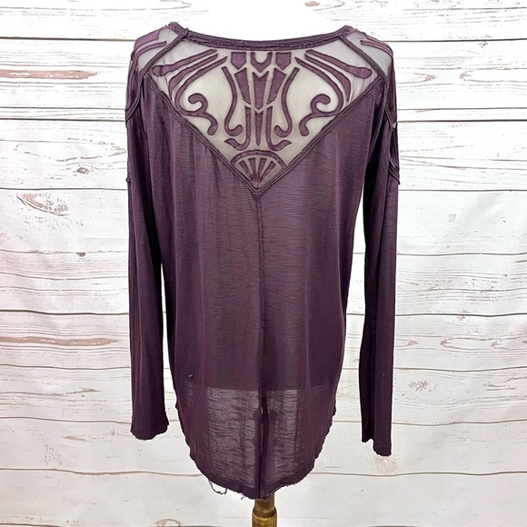 Free People The Gatsby Embroidered Mesh Wine Long Sleeve V-Neck Tee Tunic Top - Picture 2 of 14